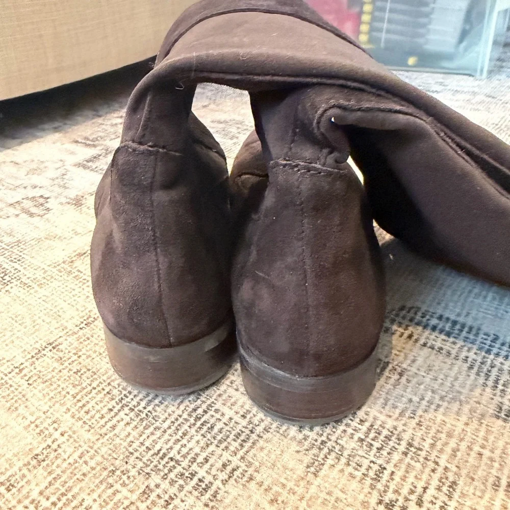 AUDREY BROOKE TAMELA OTK BOOTS 7.5 DARK BROWN SUEDE AND STRETCH 50/50 ($179)